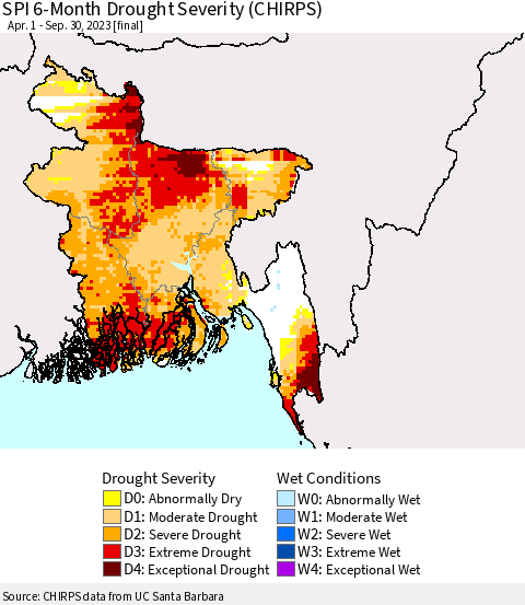 Bangladesh SPI 6-Month Drought Severity (CHIRPS) Thematic Map For 4/1/2023 - 9/30/2023