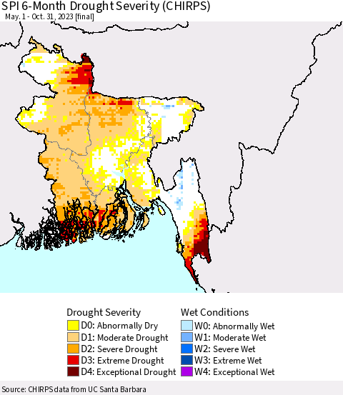Bangladesh SPI 6-Month Drought Severity (CHIRPS) Thematic Map For 5/1/2023 - 10/31/2023