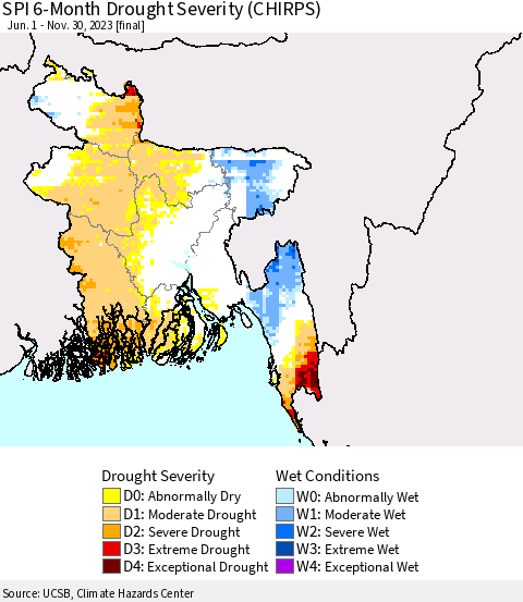 Bangladesh SPI 6-Month Drought Severity (CHIRPS) Thematic Map For 6/1/2023 - 11/30/2023
