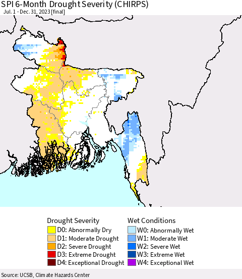 Bangladesh SPI 6-Month Drought Severity (CHIRPS) Thematic Map For 7/1/2023 - 12/31/2023