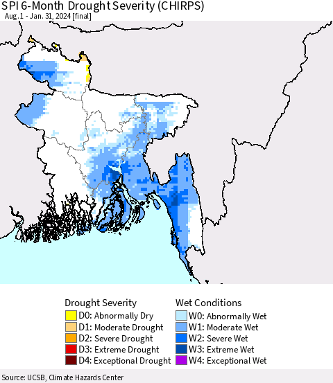 Bangladesh SPI 6-Month Drought Severity (CHIRPS) Thematic Map For 8/1/2023 - 1/31/2024