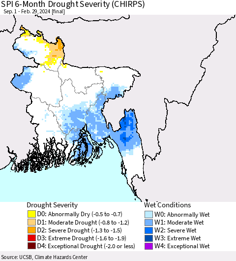 Bangladesh SPI 6-Month Drought Severity (CHIRPS) Thematic Map For 9/1/2023 - 2/29/2024