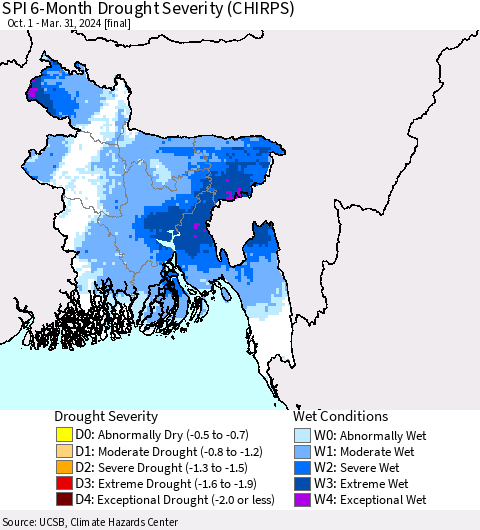 Bangladesh SPI 6-Month Drought Severity (CHIRPS) Thematic Map For 10/1/2023 - 3/31/2024