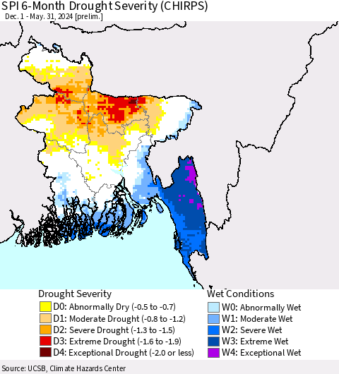 Bangladesh SPI 6-Month Drought Severity (CHIRPS) Thematic Map For 12/1/2023 - 5/31/2024