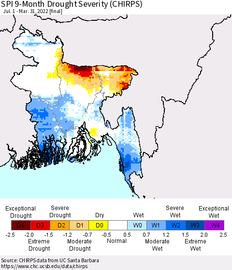 Bangladesh SPI 9-Month Drought Severity (CHIRPS) Thematic Map For 7/1/2021 - 3/31/2022