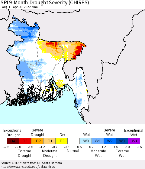 Bangladesh SPI 9-Month Drought Severity (CHIRPS) Thematic Map For 8/1/2021 - 4/30/2022