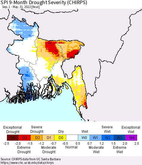 Bangladesh SPI 9-Month Drought Severity (CHIRPS) Thematic Map For 9/1/2021 - 5/31/2022
