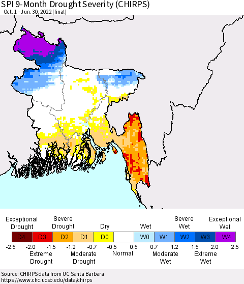 Bangladesh SPI 9-Month Drought Severity (CHIRPS) Thematic Map For 10/1/2021 - 6/30/2022