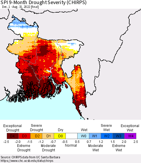 Bangladesh SPI 9-Month Drought Severity (CHIRPS) Thematic Map For 12/1/2021 - 8/31/2022