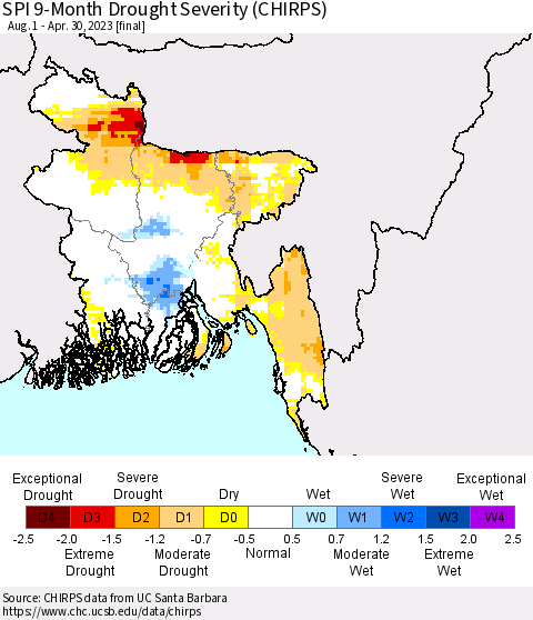 Bangladesh SPI 9-Month Drought Severity (CHIRPS) Thematic Map For 8/1/2022 - 4/30/2023