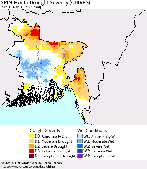 Bangladesh SPI 9-Month Drought Severity (CHIRPS) Thematic Map For 9/1/2022 - 5/31/2023