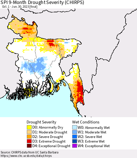 Bangladesh SPI 9-Month Drought Severity (CHIRPS) Thematic Map For 10/1/2022 - 6/30/2023