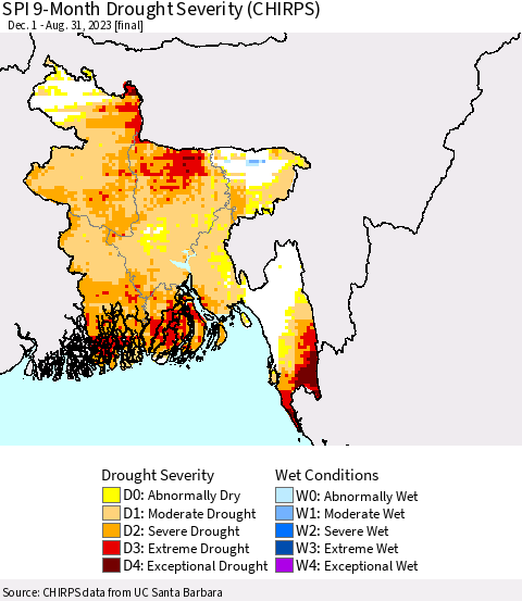Bangladesh SPI 9-Month Drought Severity (CHIRPS) Thematic Map For 12/1/2022 - 8/31/2023