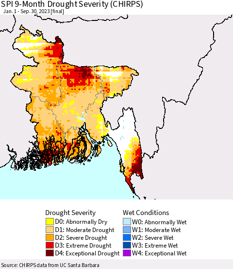 Bangladesh SPI 9-Month Drought Severity (CHIRPS) Thematic Map For 1/1/2023 - 9/30/2023