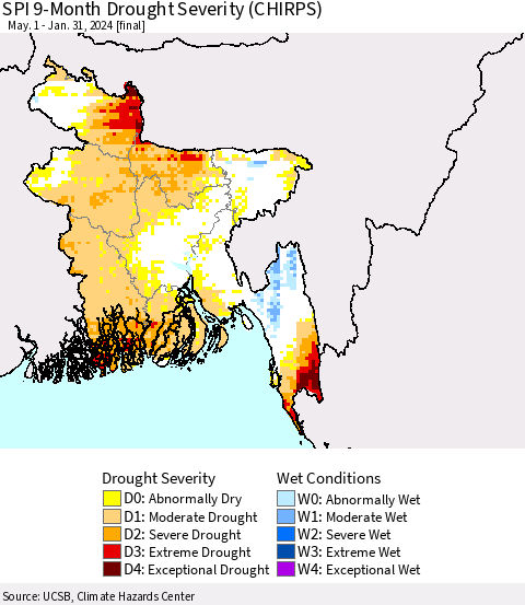 Bangladesh SPI 9-Month Drought Severity (CHIRPS) Thematic Map For 5/1/2023 - 1/31/2024