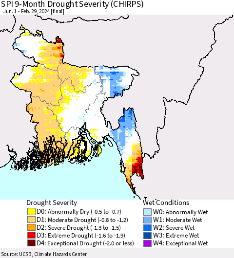 Bangladesh SPI 9-Month Drought Severity (CHIRPS) Thematic Map For 6/1/2023 - 2/29/2024