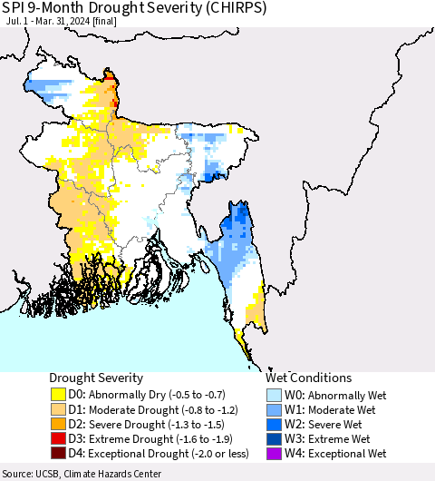 Bangladesh SPI 9-Month Drought Severity (CHIRPS) Thematic Map For 7/1/2023 - 3/31/2024