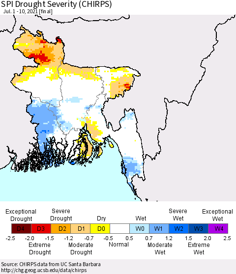 Bangladesh SPI Drought Severity (CHIRPS) Thematic Map For 7/1/2021 - 7/10/2021