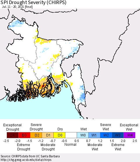 Bangladesh SPI Drought Severity (CHIRPS) Thematic Map For 7/11/2021 - 7/20/2021