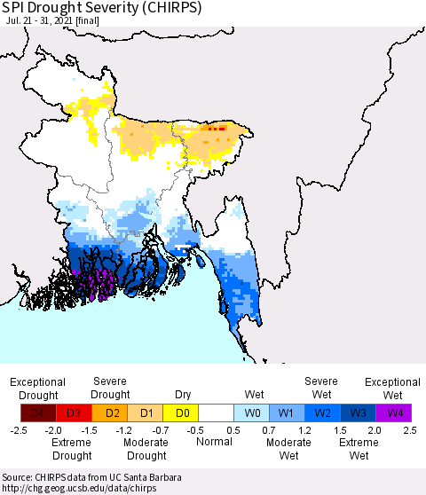 Bangladesh SPI Drought Severity (CHIRPS) Thematic Map For 7/21/2021 - 7/31/2021