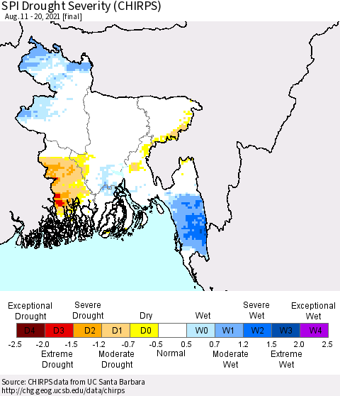 Bangladesh SPI Drought Severity (CHIRPS) Thematic Map For 8/11/2021 - 8/20/2021