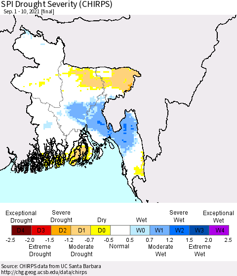 Bangladesh SPI Drought Severity (CHIRPS) Thematic Map For 9/1/2021 - 9/10/2021