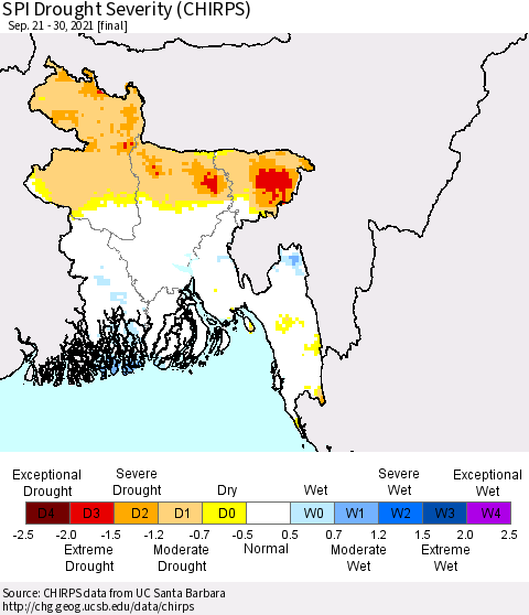 Bangladesh SPI Drought Severity (CHIRPS) Thematic Map For 9/21/2021 - 9/30/2021