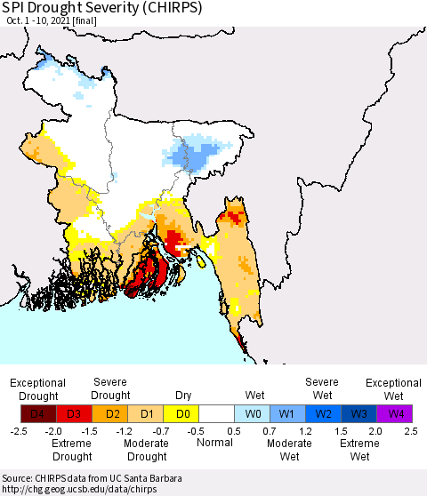Bangladesh SPI Drought Severity (CHIRPS) Thematic Map For 10/1/2021 - 10/10/2021