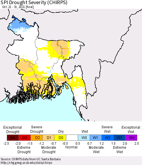 Bangladesh SPI Drought Severity (CHIRPS) Thematic Map For 10/21/2021 - 10/31/2021