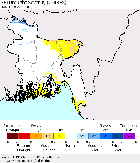 Bangladesh SPI Drought Severity (CHIRPS) Thematic Map For 11/1/2021 - 11/10/2021