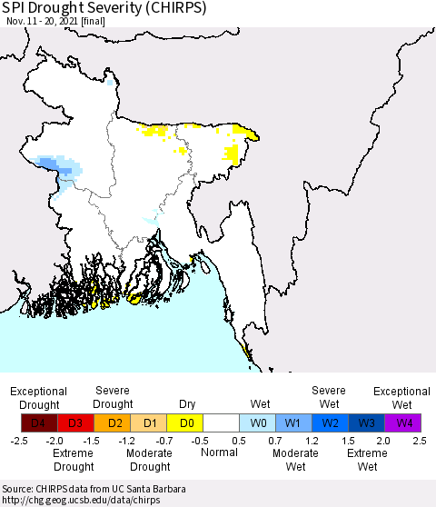 Bangladesh SPI Drought Severity (CHIRPS) Thematic Map For 11/11/2021 - 11/20/2021