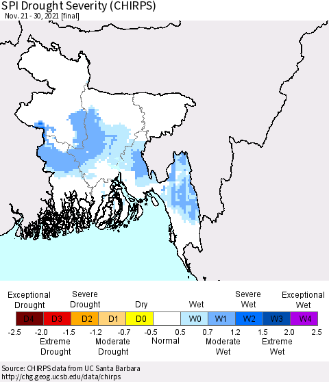 Bangladesh SPI Drought Severity (CHIRPS) Thematic Map For 11/21/2021 - 11/30/2021