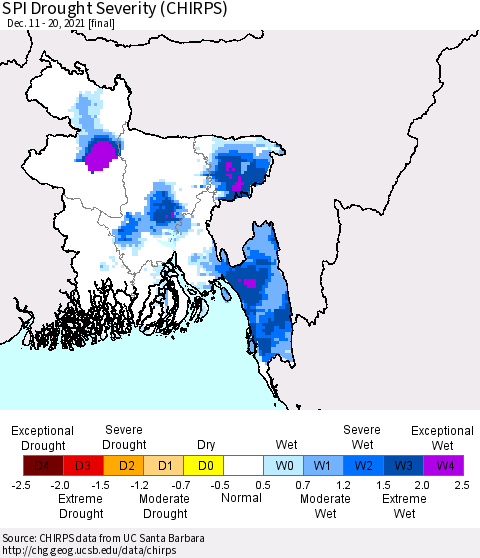Bangladesh SPI Drought Severity (CHIRPS) Thematic Map For 12/11/2021 - 12/20/2021