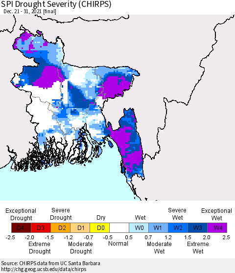 Bangladesh SPI Drought Severity (CHIRPS) Thematic Map For 12/21/2021 - 12/31/2021