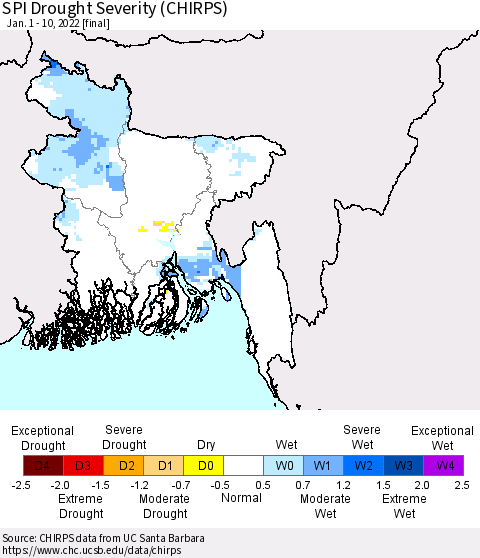 Bangladesh SPI Drought Severity (CHIRPS) Thematic Map For 1/1/2022 - 1/10/2022