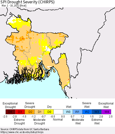 Bangladesh SPI Drought Severity (CHIRPS) Thematic Map For 3/1/2022 - 3/10/2022