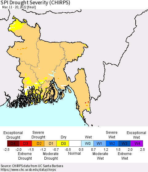 Bangladesh SPI Drought Severity (CHIRPS) Thematic Map For 3/11/2022 - 3/20/2022