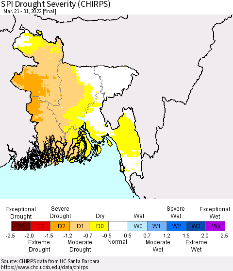 Bangladesh SPI Drought Severity (CHIRPS) Thematic Map For 3/21/2022 - 3/31/2022