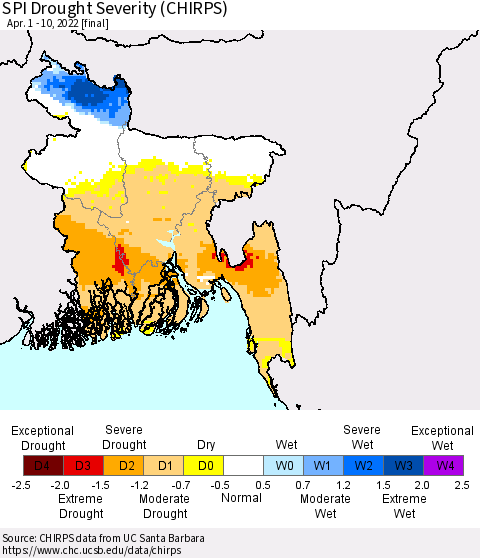Bangladesh SPI Drought Severity (CHIRPS) Thematic Map For 4/1/2022 - 4/10/2022