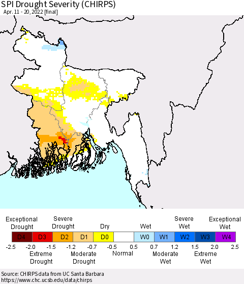 Bangladesh SPI Drought Severity (CHIRPS) Thematic Map For 4/11/2022 - 4/20/2022