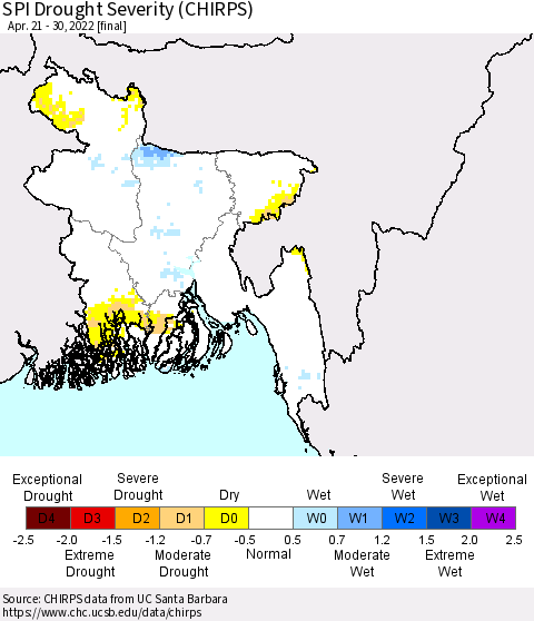 Bangladesh SPI Drought Severity (CHIRPS) Thematic Map For 4/21/2022 - 4/30/2022