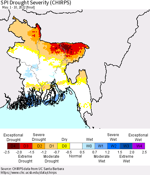 Bangladesh SPI Drought Severity (CHIRPS) Thematic Map For 5/1/2022 - 5/10/2022
