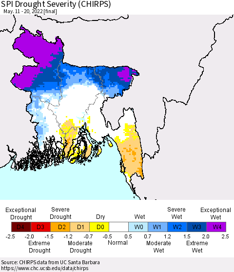 Bangladesh SPI Drought Severity (CHIRPS) Thematic Map For 5/11/2022 - 5/20/2022