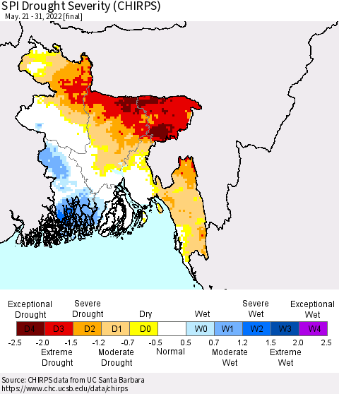 Bangladesh SPI Drought Severity (CHIRPS) Thematic Map For 5/21/2022 - 5/31/2022