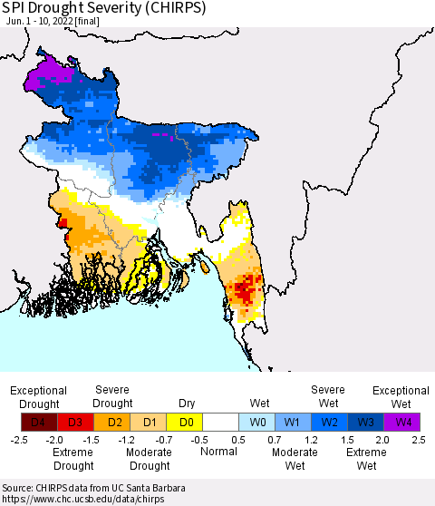 Bangladesh SPI Drought Severity (CHIRPS) Thematic Map For 6/1/2022 - 6/10/2022