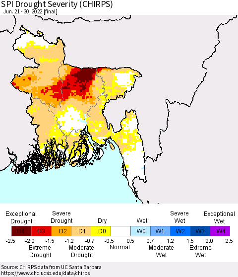 Bangladesh SPI Drought Severity (CHIRPS) Thematic Map For 6/21/2022 - 6/30/2022
