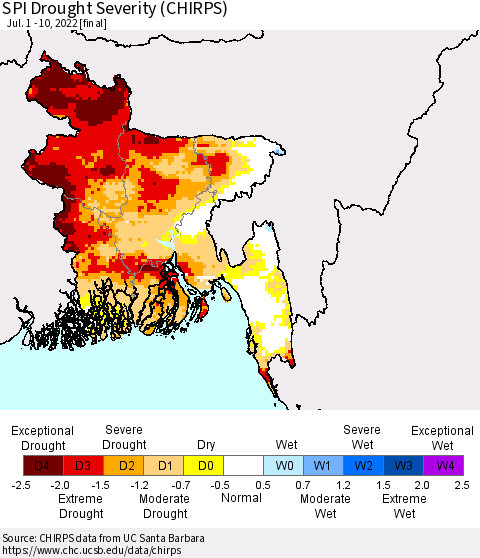 Bangladesh SPI Drought Severity (CHIRPS) Thematic Map For 7/1/2022 - 7/10/2022