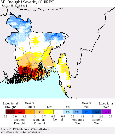 Bangladesh SPI Drought Severity (CHIRPS) Thematic Map For 7/21/2022 - 7/31/2022