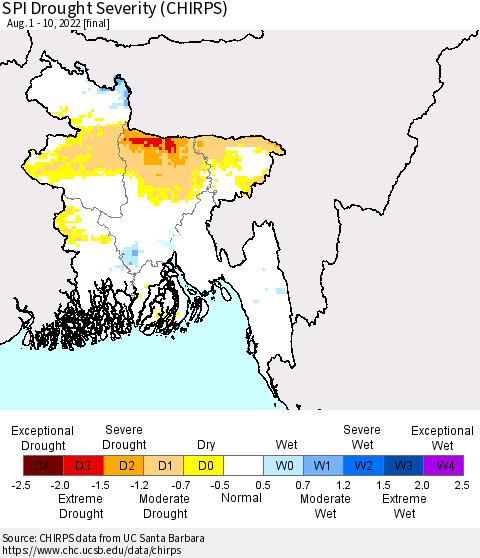 Bangladesh SPI Drought Severity (CHIRPS) Thematic Map For 8/1/2022 - 8/10/2022