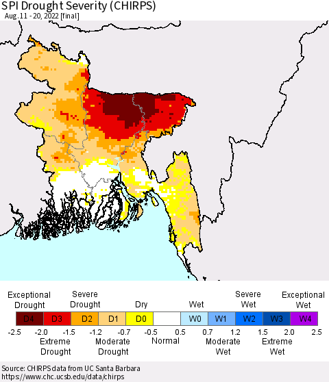 Bangladesh SPI Drought Severity (CHIRPS) Thematic Map For 8/11/2022 - 8/20/2022